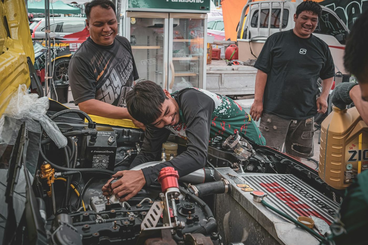 Diesel truck engine compartment during professional repair